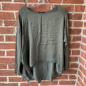 M-Made In Italy Women's Shirt Top Olive Blouse Sheer Back High Low Sz XL